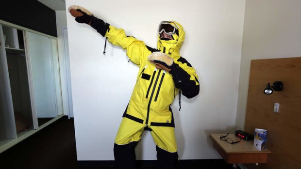 Ready to bolt: Colin Cosier models protective clothing for Antarctica.