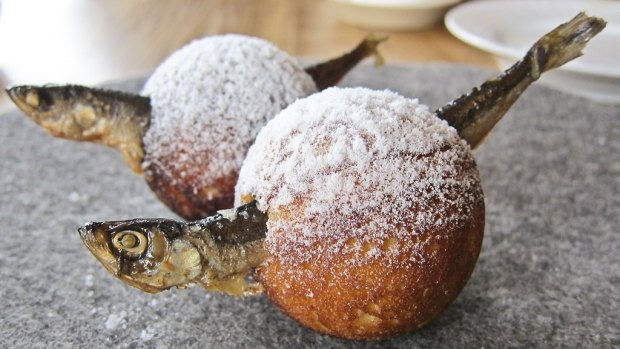 Aebleskiver with muikko from Noma restaurant in Copenhagen, Denmark.