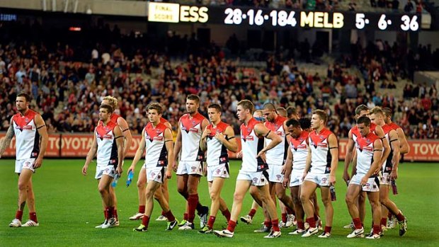 Melbourne walk in after losing to Essendon.
