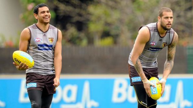 Hawthorn's Cyril Rioli and Lance Franklin during training.