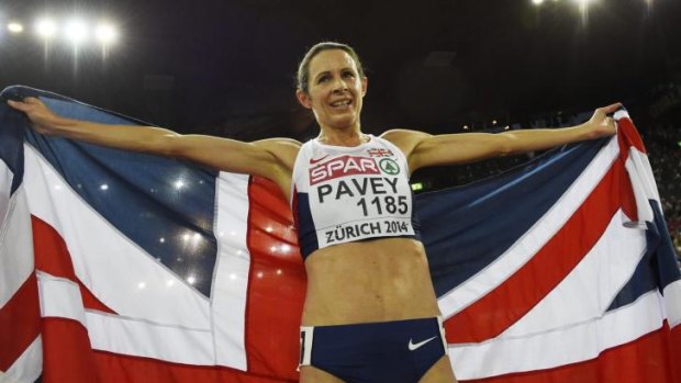 Jo Pavey celebrates after winning the 10,000m final during the European Athletics Championships. 
