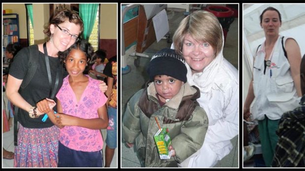 From left: Sarah Angus with Bernvinda, Nola Henry with Azizullah, and Cath Deacon treats cholera patients.