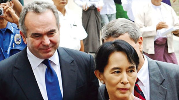 Rare appearance...Aung San Suu Kyi with the US diplomat Kurt Campbell in Rangoon yesterday