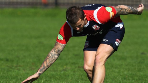 Walking the tightrope ... playmaker Todd Carney during his return to training this week. The troubled Rooster could be back on the field as soon as next week.