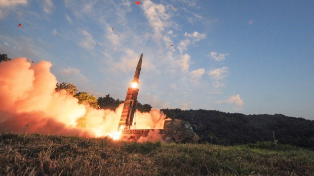 South Korea's Hyunmoo II ballistic missile is fired during an exercise at an undisclosed location in South Korea on Monday.