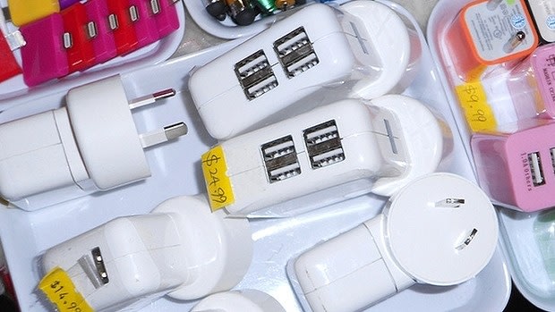 USB chargers seized by Fair Trading from a Campsie store.