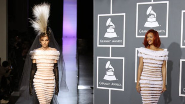 Andrej Pejic in a gown by Jean Paul Gaultier at the Haute Couture Spring-Summer 2011 show in Paris, left, and singer Rihanna showing off the same dress at the Grammy Awards earlier this month.