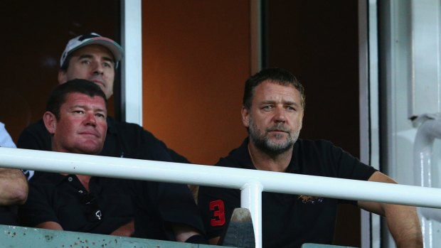 Bromance: James Packer, left, watches a South Sydney- Roosters match with Russell Crowe.