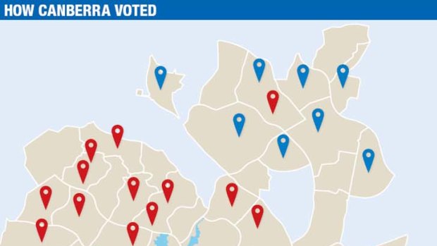Polling booths in suburbs marked blue had a higher proportion of Liberal voters and those marked red had a higher proportion of Labor voters. <b><a href=http://images.canberratimes.com.au/file/2012/11/02/3763516/ACT%2520election%25202012%252C%2520booth%2520by%2520booth.pdf>Click here for a detailed breakdown</a></b>