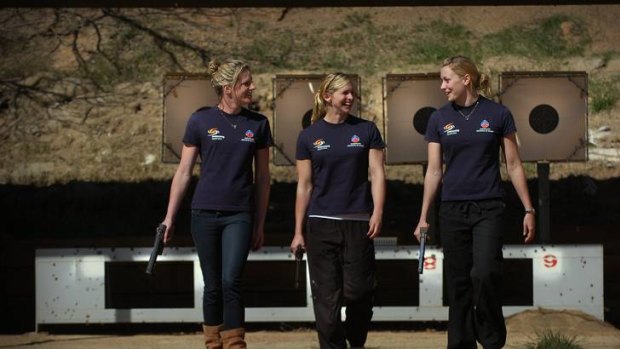 Emily Seebohm, Libby Trickett and Alice Mills at Sporting Shooter Pistol Club in Canberra in September 2007.