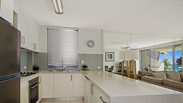 A kitchen at Fairshore Beachfront Apartments at Noosa.