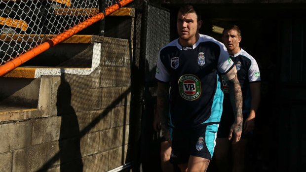 Tunnel vision: Josh Dugan and Ryan Hoffman arrive for NSW training at Leichhardt Oval on Sunday.