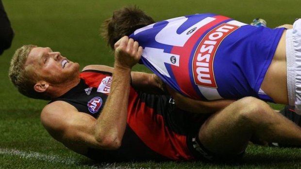Dustin Fletcher of Essendon and Liam Picken of the Bulldogs wrestle behind play. 