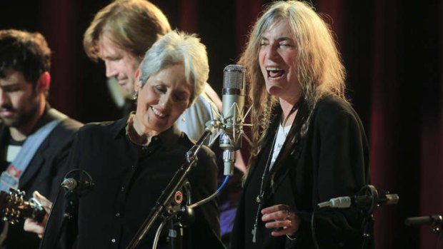 Joan Baez and Patti Smith at the concert of music from the film <i>Inside Llewyn Davis</i>.