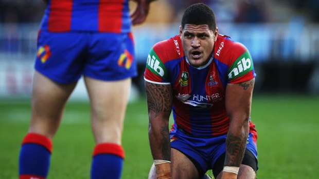 Brought to their knees: Newcastle Knights Willie Mason.