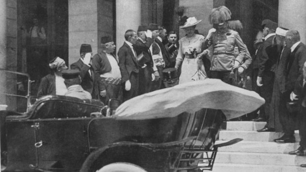 The Archduke of Austria Franz Ferdinand and his wife Sophie in Sarajevo moments before their assassination in 1914.