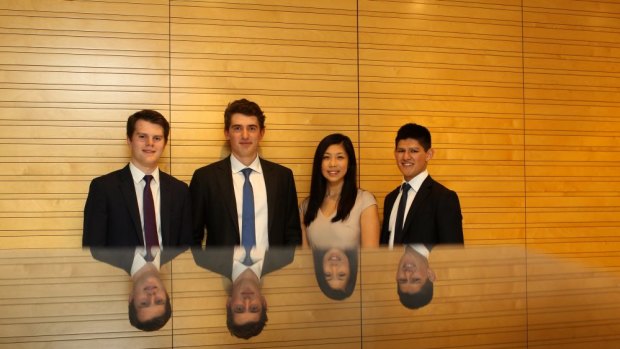 Taking care of business: (From left)  Luke McAlpin, Daniel Schimek, Alice Joe and Laurence Baudert, who have won an investment bank university challenge with UBS.