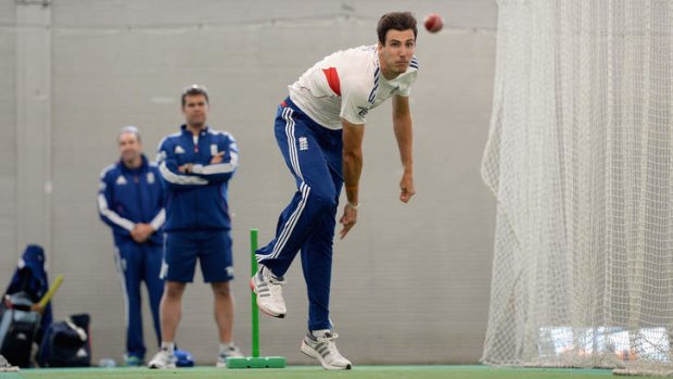 On the attack: Steven Finn sends down some practice deliveries at a nets session at the SCG on Tuesday.