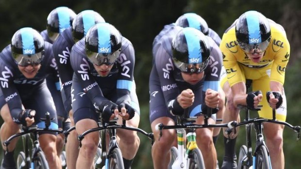 Behind Froomey: Team Sky power yellow jersey holder Chris Froome rides to second place in the team time trial.