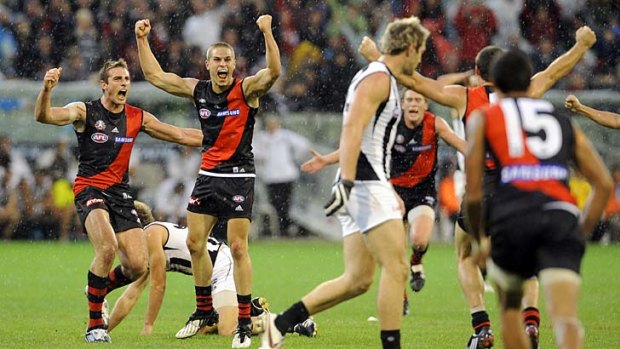 David Zaharakis celebrates his first goal in AFL that gave the Bombers victory on Anzac Day 2009, the team's last win over Collingwood.