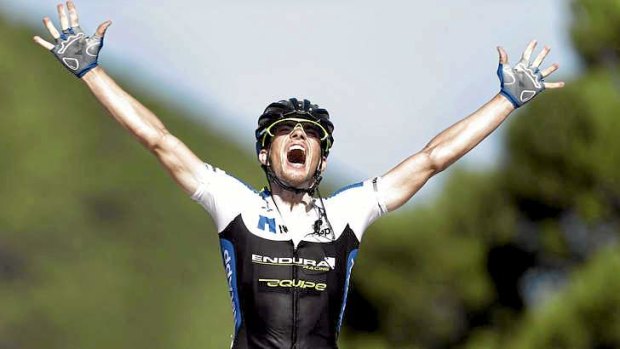 Czech rider Leopold Konig celebrates as he wins stage eight.