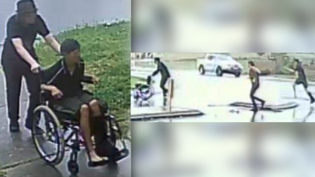 Photos and video shows one boy pretending to be wheelchair-bound...then running away with his leg in a cast.