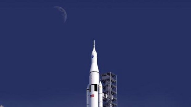 An artist's rendering of a deep space rocket named the Space Launch System, or SLS.