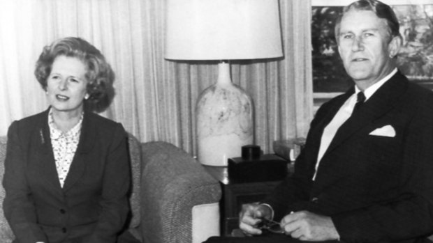 Margaret Thatcher and Malcolm Fraser meet in Canberra in 1979.