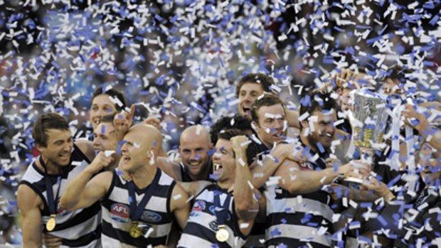 Geelong players celebrates their 2009 AFL grand final victory.