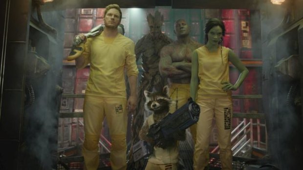 Protectors: Chris Pratt as Peter Quill, with Zoe Saldana as Gamora, Rocket raccoon (Bradley Cooper), Vin Diesel as Groot and Dave Batista as Drax the Destroyer, in <i>Guardians of the Galaxy</i>.