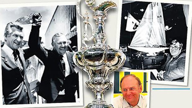 Bob Hawke and the victorious Alan Bond, above, the coveted cup, Ben Lexcen with a scale model, top right, and Peter van Oossanen, right.