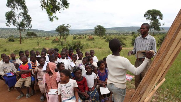 Learning outdoors at the Nakivale Refugee Settlement in Uganda.