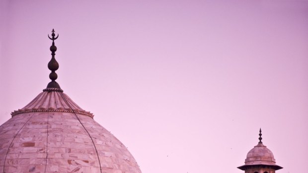 The Taj Mahal as seen at dusk from the north bank of Yamuna River.