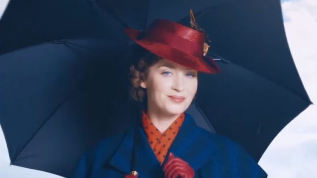 Emily Blunt as Mary Poppins in the comedy musical <i>Mary Poppins Returns</I>.
