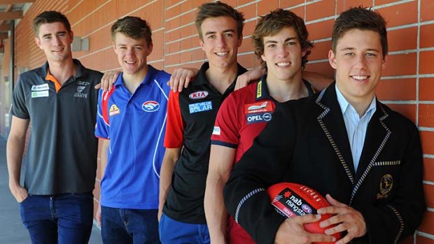 Five students from Carey Grammar have been drafted to the AFL, the the biggest number from any Victorian school. From left to right are Kristian Jaksch, Jackson Macrae, Jason Ashby, Jack Viney and Nathan Hrovat.