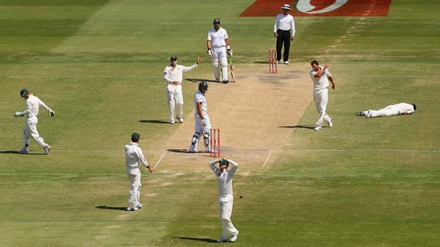 Oh no! Australian fieldsmen show their emotions as wicketkeeper Matthew Wade spills a chance to dismiss Faf du Plessis.