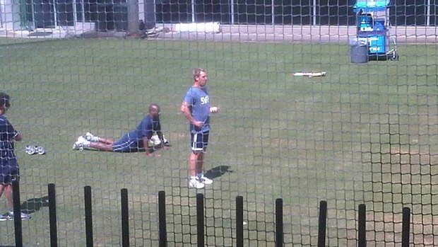 Shane Warne bowling at the MCG nets yesterday.