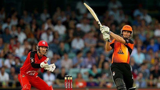 Shaun Marsh hits a six during his knock of 85 in the Big Bash League match against the Melbourne Renegads at the WACA on Saturday.