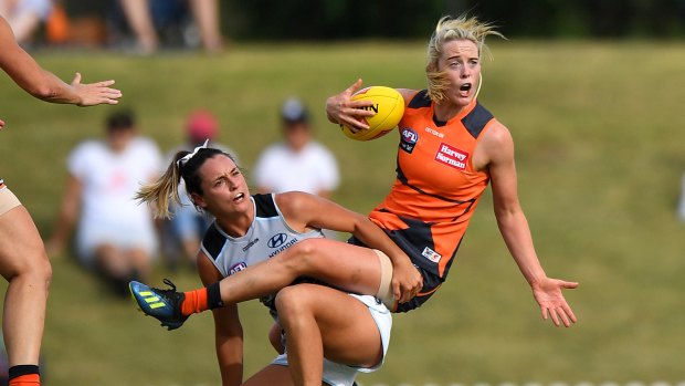 Gutsy: Giant Yvonne Bonner takes a mark in round three of the AFLW season at Blacktown.