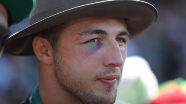 Worse for wear: Sam Burgess at Redfern Oval the day after South Sydney won the NRL grand final.