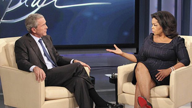 George W. Bush is interviewed by Oprah Winfrey.