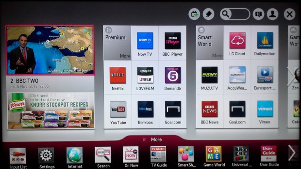 The LG smart TV landing screen