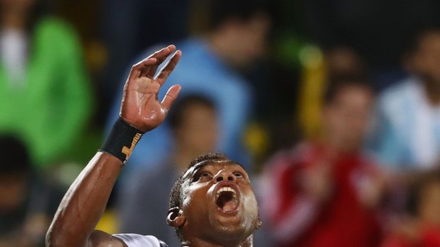 Leone Nakarawa of Fiji celebrates as he scores a try during the Men's Rugby Sevens Gold medal final match between Fiji and Great Britain.