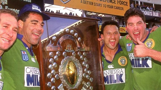 Marooned Mal ... former Canberra teammates Ricky Stuart, Mal Meninga, Laurie Daley and Bradley Clyde celebrate the Raiders' 1994  grand final win.