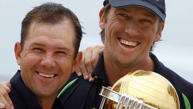 Australia's (L-R) captain Ricky Ponting with star paceman and the World Cup, April 29, 2007.