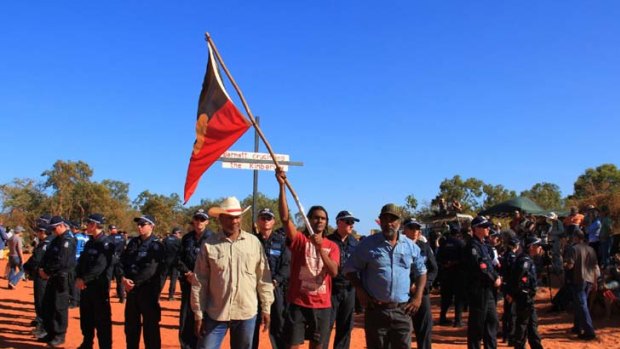 Aboriginal Traditional Owners at James Price Point in the Kimberley while protesting the proposed development of a gas hub on their land.