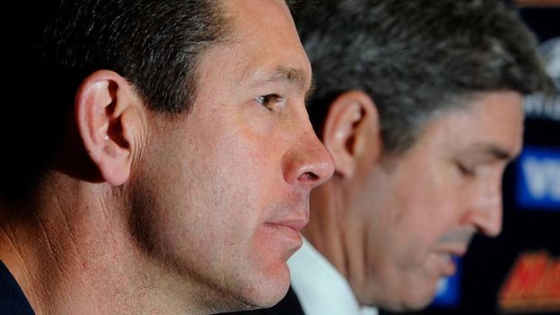 Carlton coach Brett Ratten and President Stephen Kernahan at the announcement of Ratten's sacking.