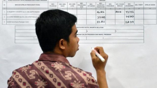 An Indonesian election official tabulates results in south Jakarta on Wednesday.