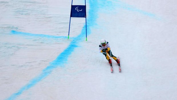 Mitchell Gourley of Austrlia competes in the Men's Downhill Standing during day one.