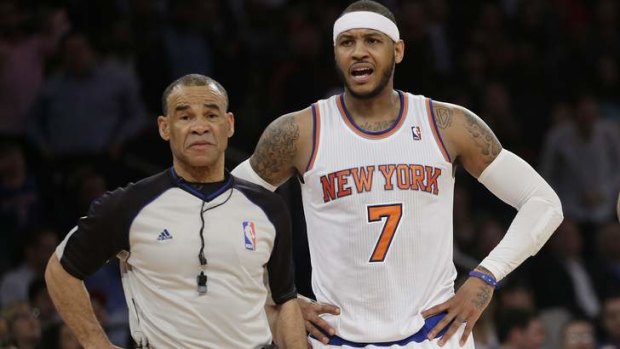 New York Knicks forward Carmelo Anthony argues a call.